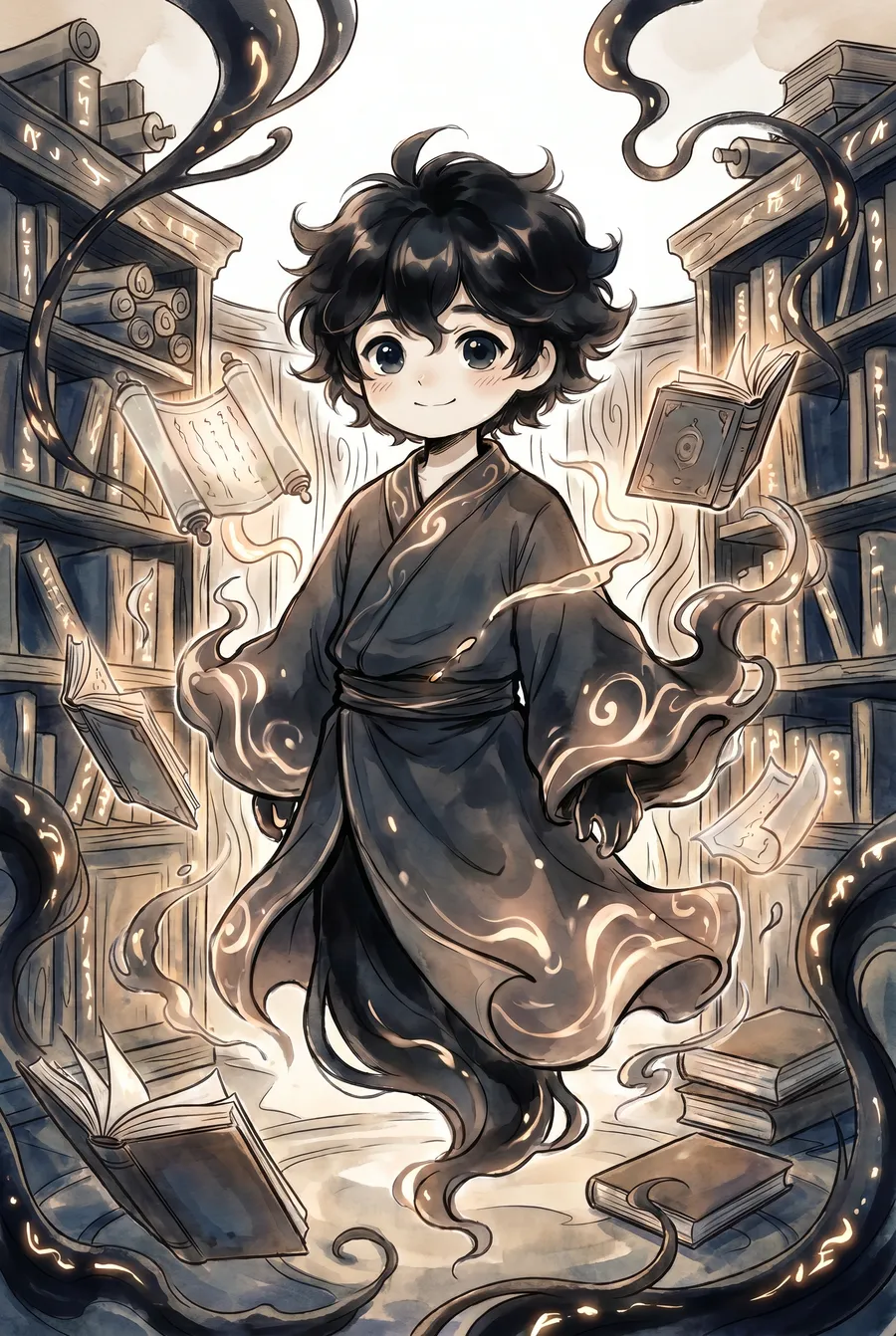 LitMemo 漫畫生圖範例 — 靈墨墨靈全彩分格,現代墨風